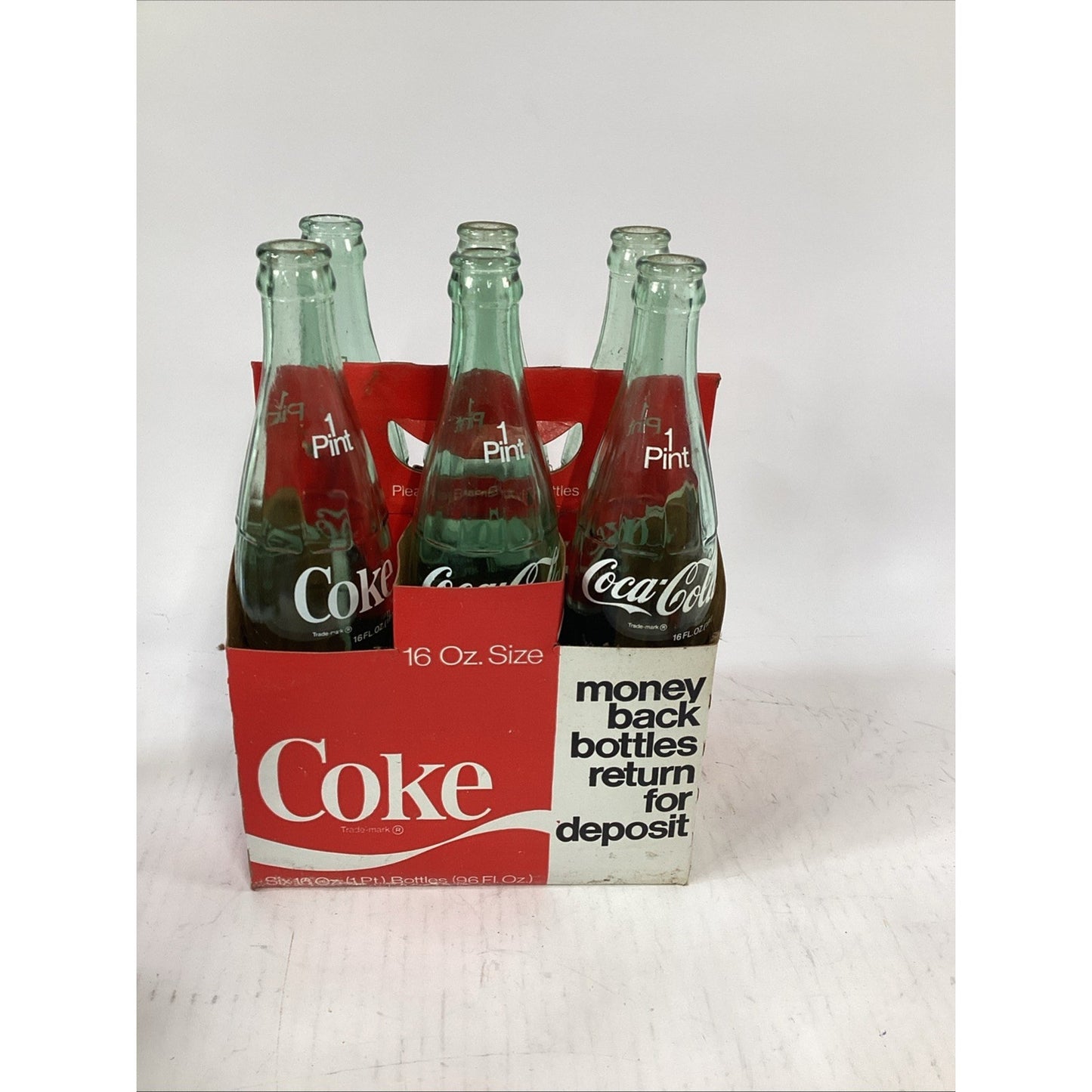Vintage Coca Cola Classic 6 Pack Glass Bottles 16oz Cardboard Carry Case
