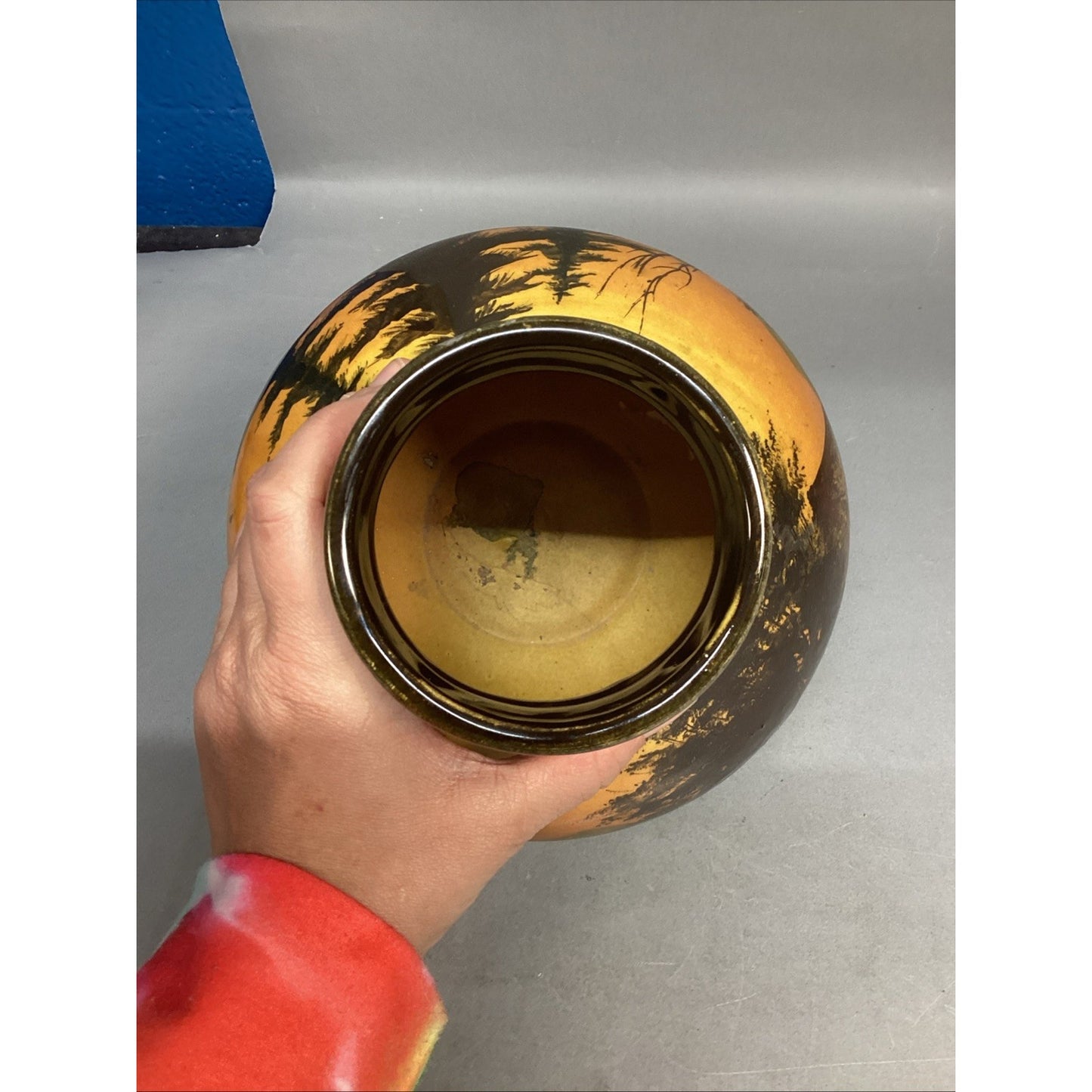 Vintage Majolica Vase Schramberg Landscape - Trees & House