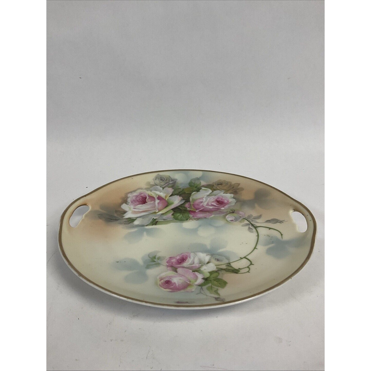 Vintage Antique Pink Cabbages Roses Platter Handles Gold Gilt 9.5"D