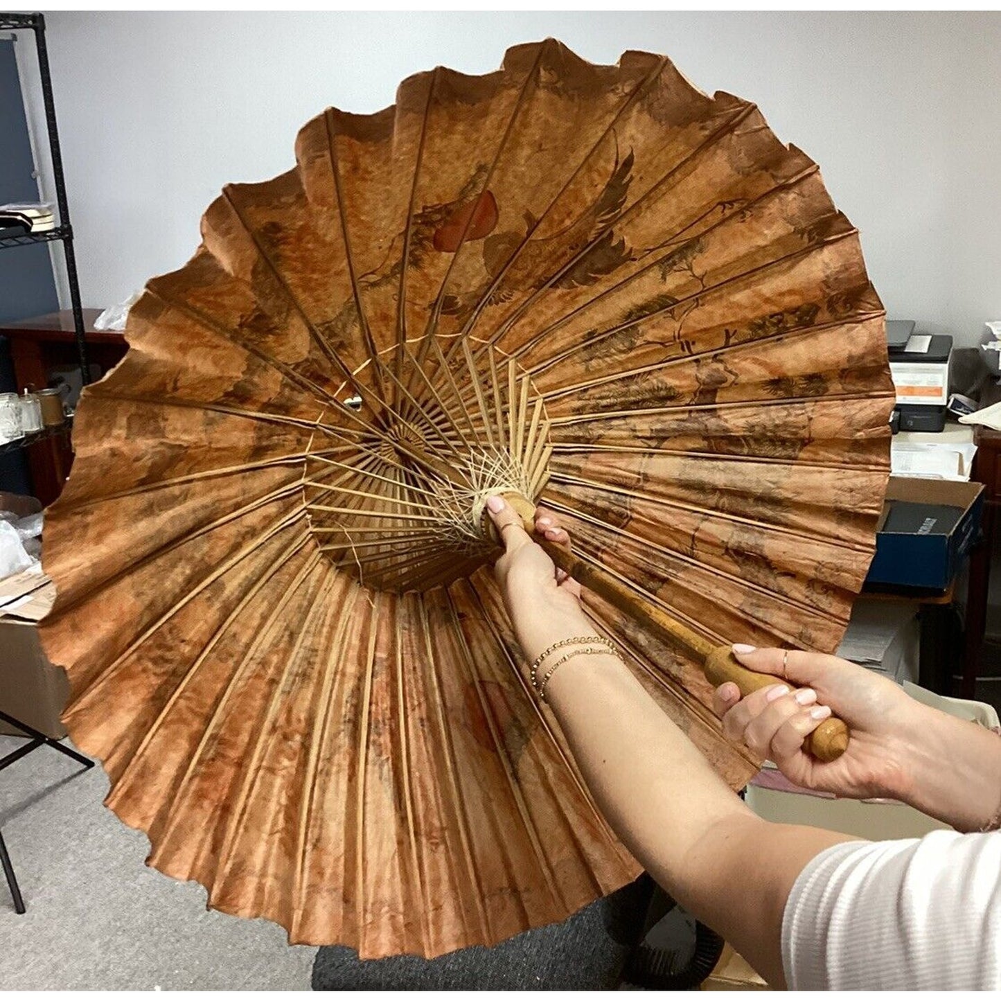 Vintage Japanese Asian Rice Paper Bamboo Umbrella Parasol - Damaged