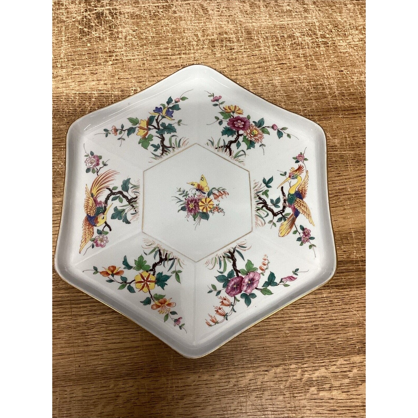 Vintage Porcelain And Ceramic Floral Platter With Birds & Butterflies - 12.5x11”