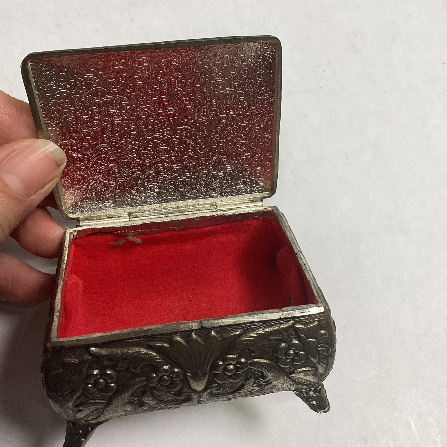 Vintage or Antique Japanese Ornate Trinket Jewelry Box with Red Lining