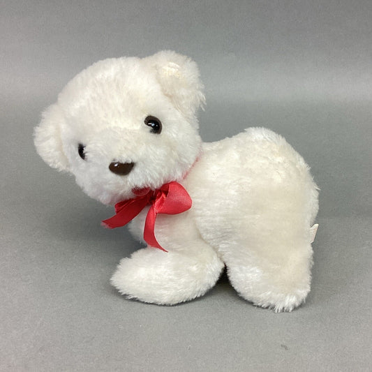 Vintage 1982 White Polar Bear Cub Plush Toy With Red Ribbon