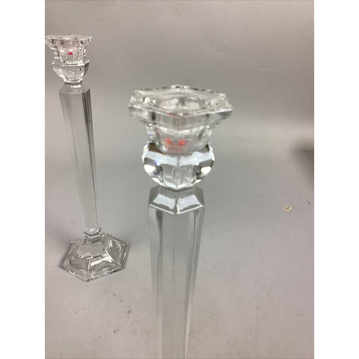 Set Of 2 Elegant Clear Glass Candlestick Holders With Hexagon Base - 11.5”