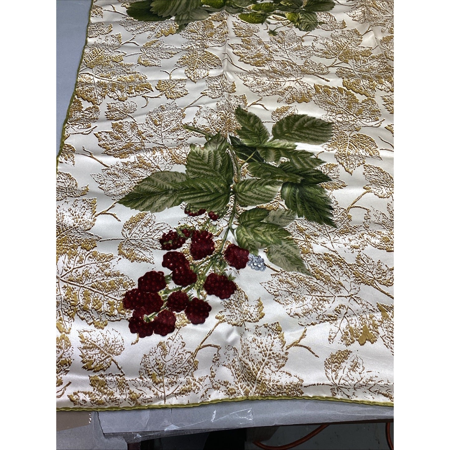 100% Silk Scarf W/ Leaves And Berries - 30x30”