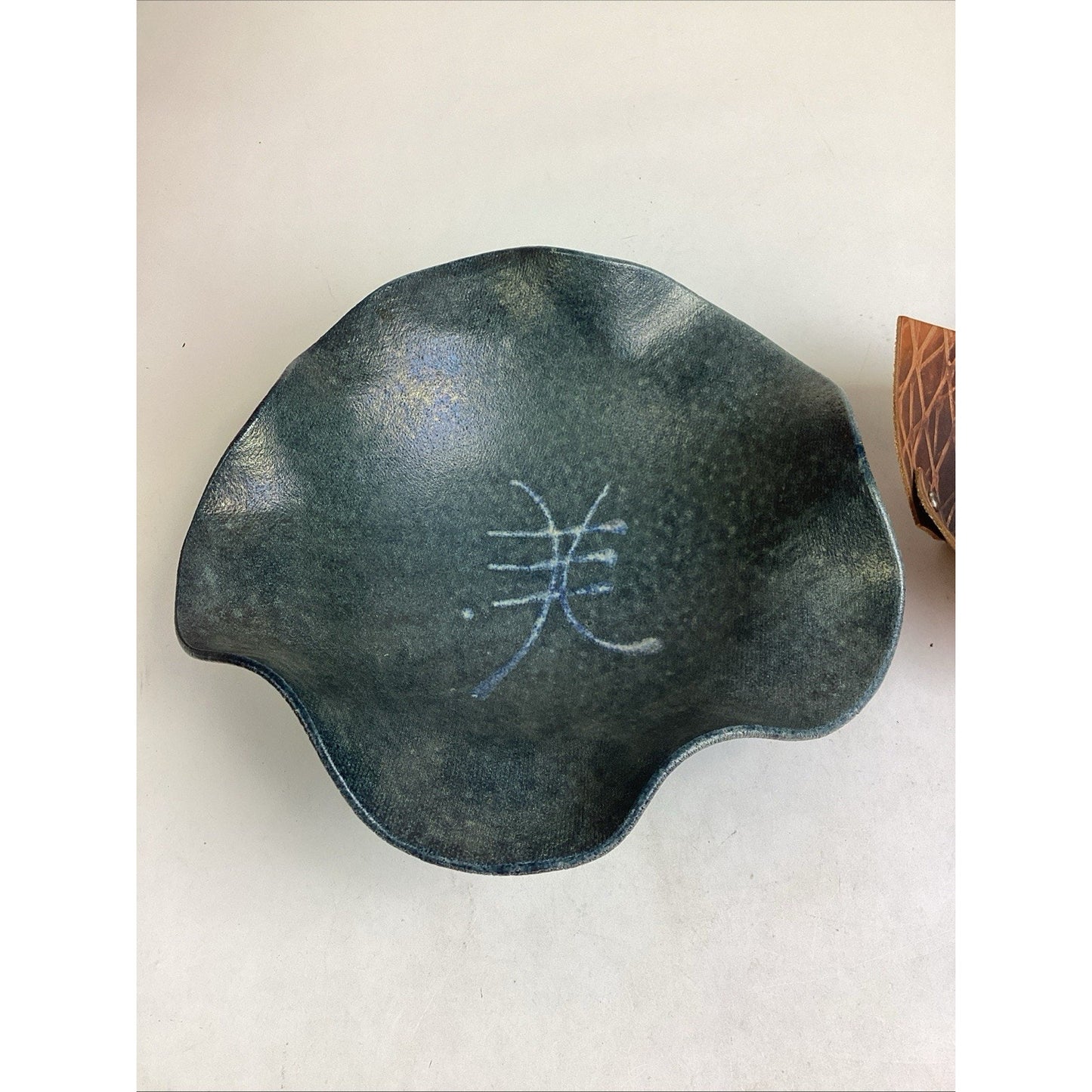 Set Of 2 Handmade Bowls - Blue Footed Ceramics W/ Scalloped Edges & Leather Bowl