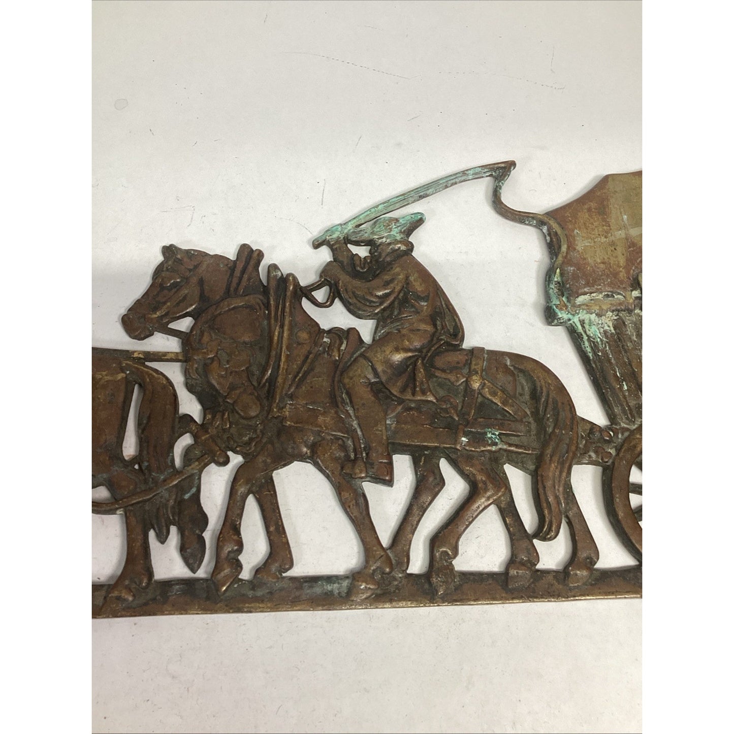 Vintage Cast Iron Horses Pulling Covered Wagon - European Conestoga Wagon Plaque
