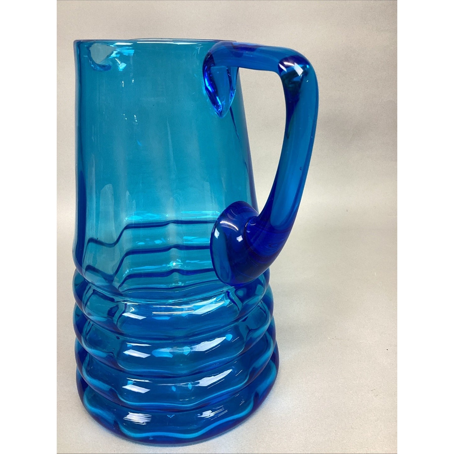 Vintage Art Glass Blue Water Jug Pitcher W/ Handle - 10.5”H
