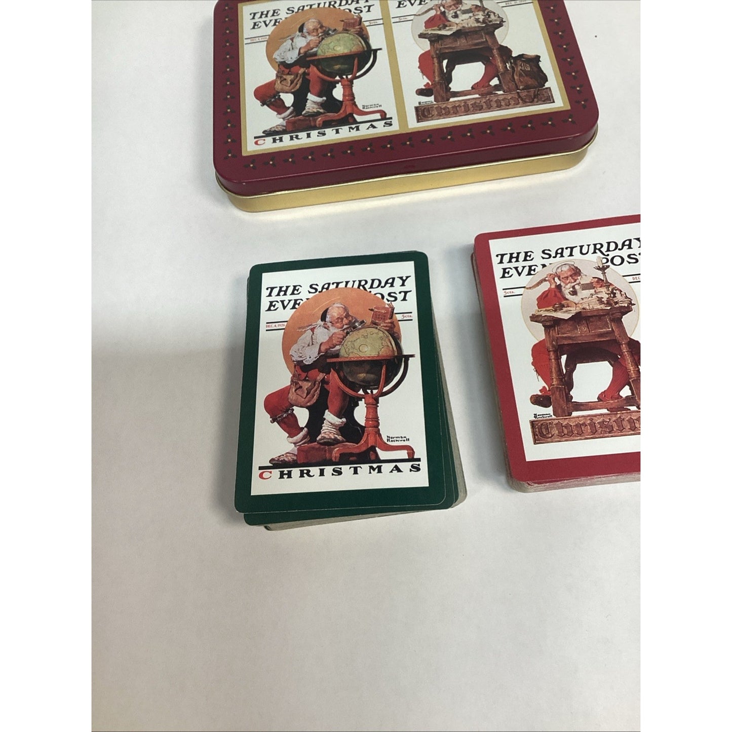 Vintage Norman Rockwell Collectible Santa Christmas Tin And Playing Cards