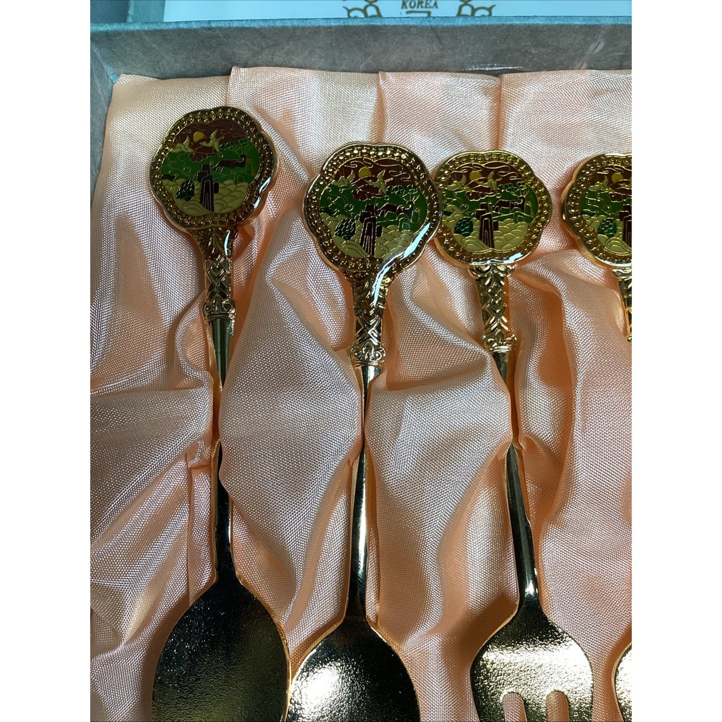 Set Of 4 - Korean - Souvenir Golden Spoons And Forks In Original Box