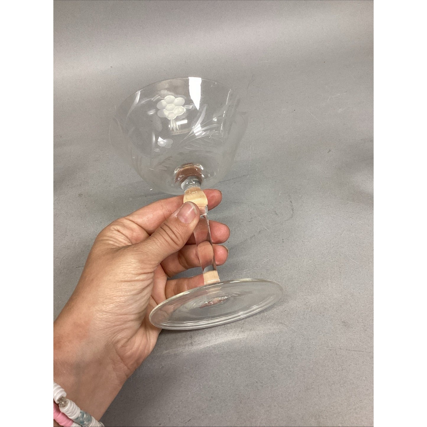 Set Of 4 Floral Etched Glass Champagne Glasses