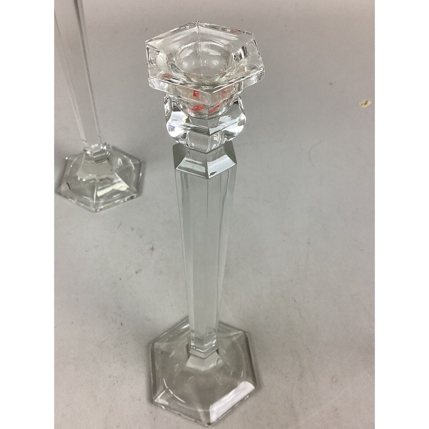 Set Of 2 Elegant Clear Glass Candlestick Holders With Hexagon Base - 11.5”