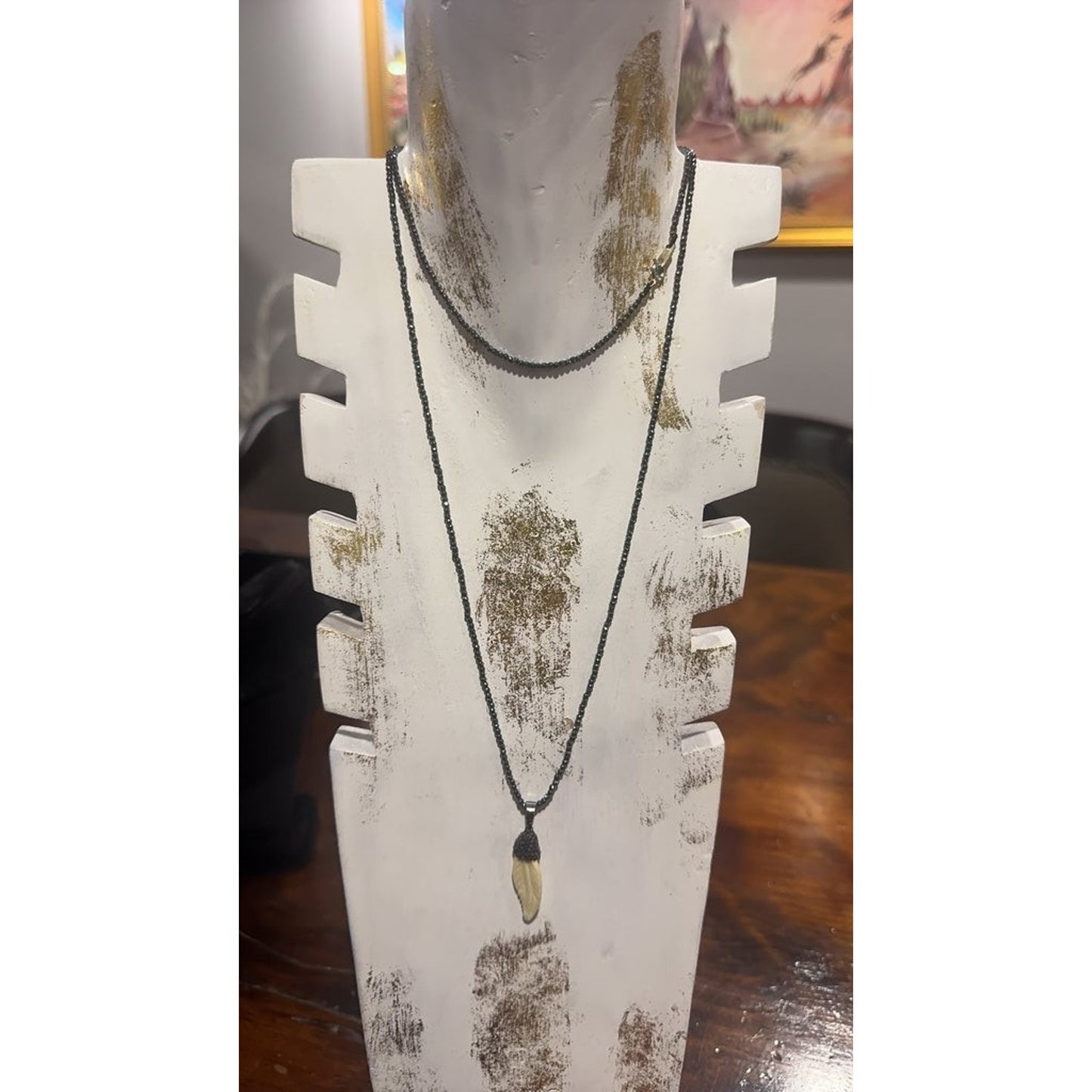 Vintage Style Black Beaded Necklace with Horn Pendant