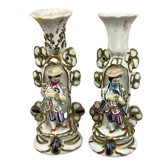 Antique Asian Chinese Porcelain Hand Painted Gold Gilt Figural Candlesticks 7.5”