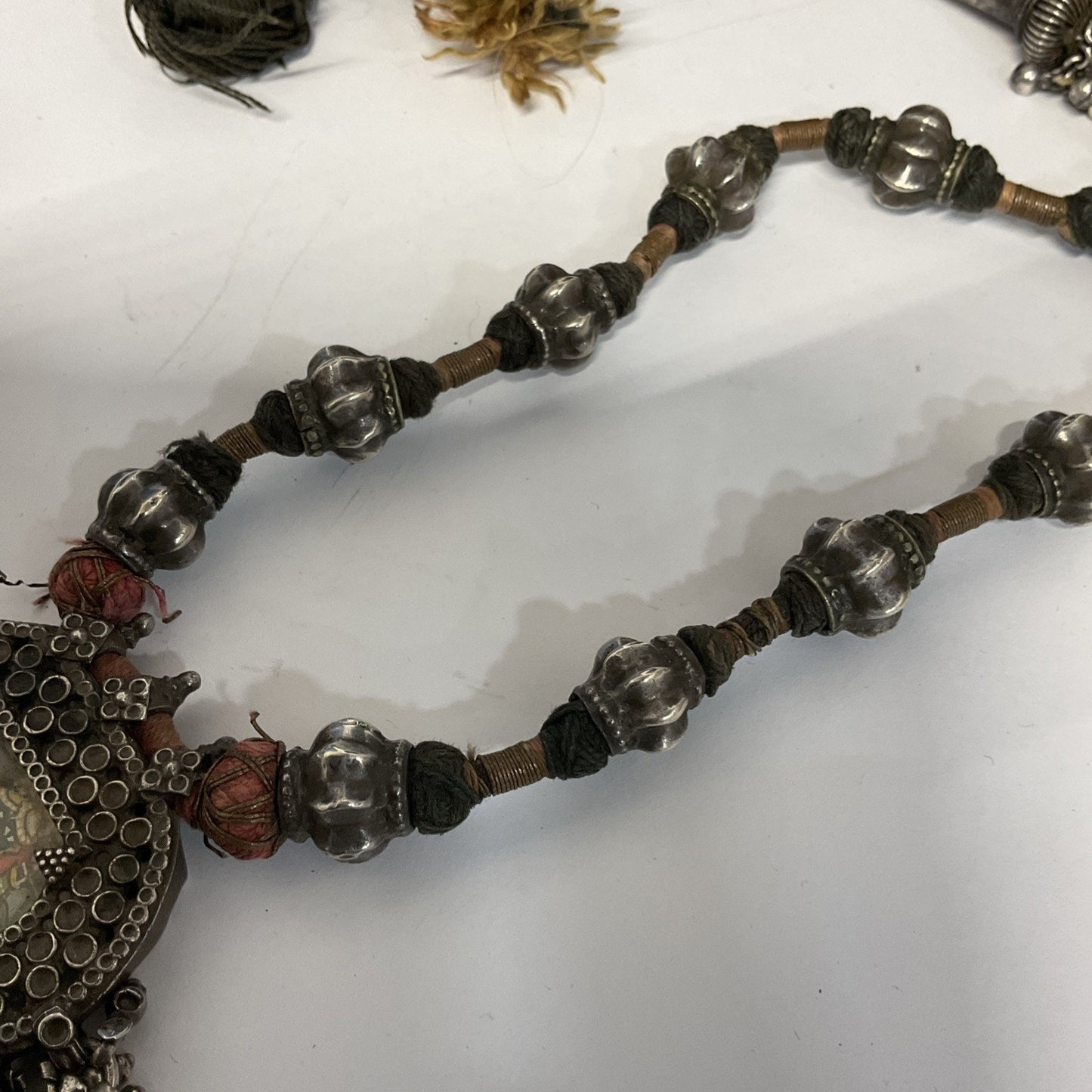 Mid Century Rajasthani Necklace Hand Painted Pendant With Silver Casing