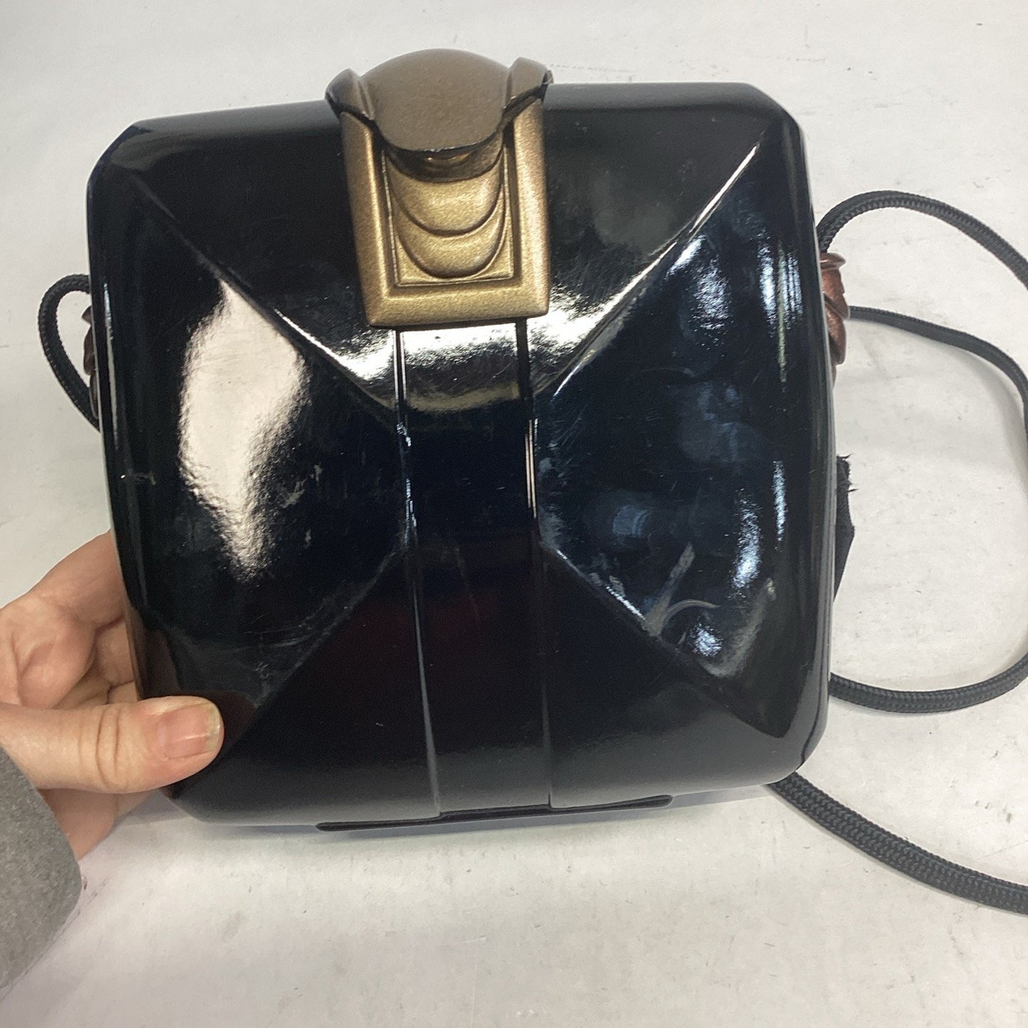 1980s Marc Levine Lacquered Black Hard Shell Bag W/ Strap