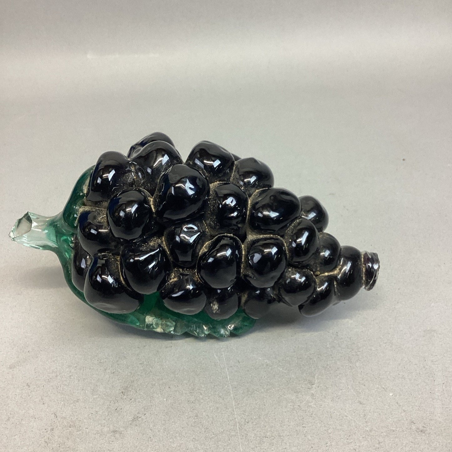 Hand Blown Glass Purple Grapes & Emerald Green Stem & Leaf Paper Weight - 7.25”L