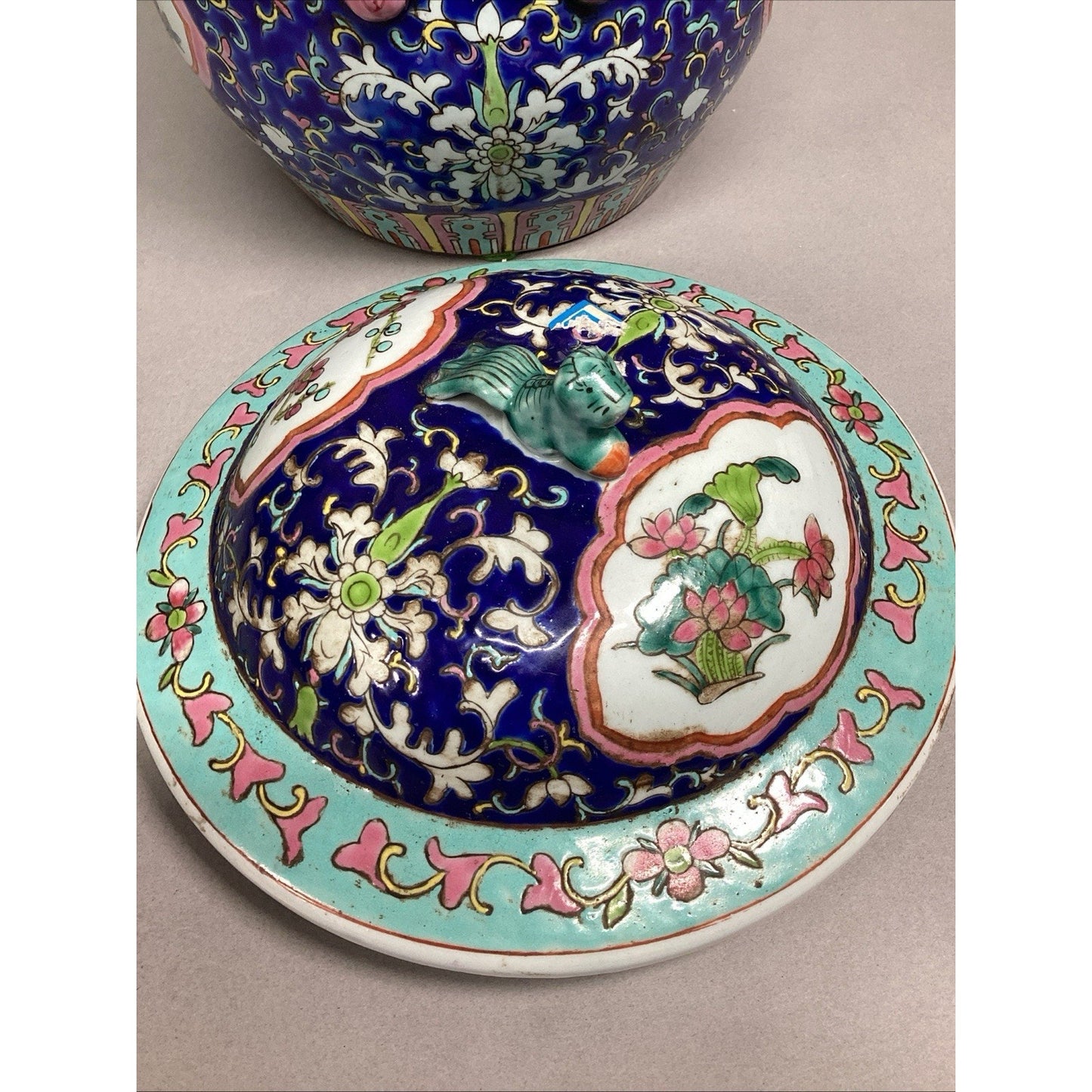 Chinese Lidded Jar (Kamcheng) Enameled Thick Porcelain W/ Peony Flowers - 9.5”H