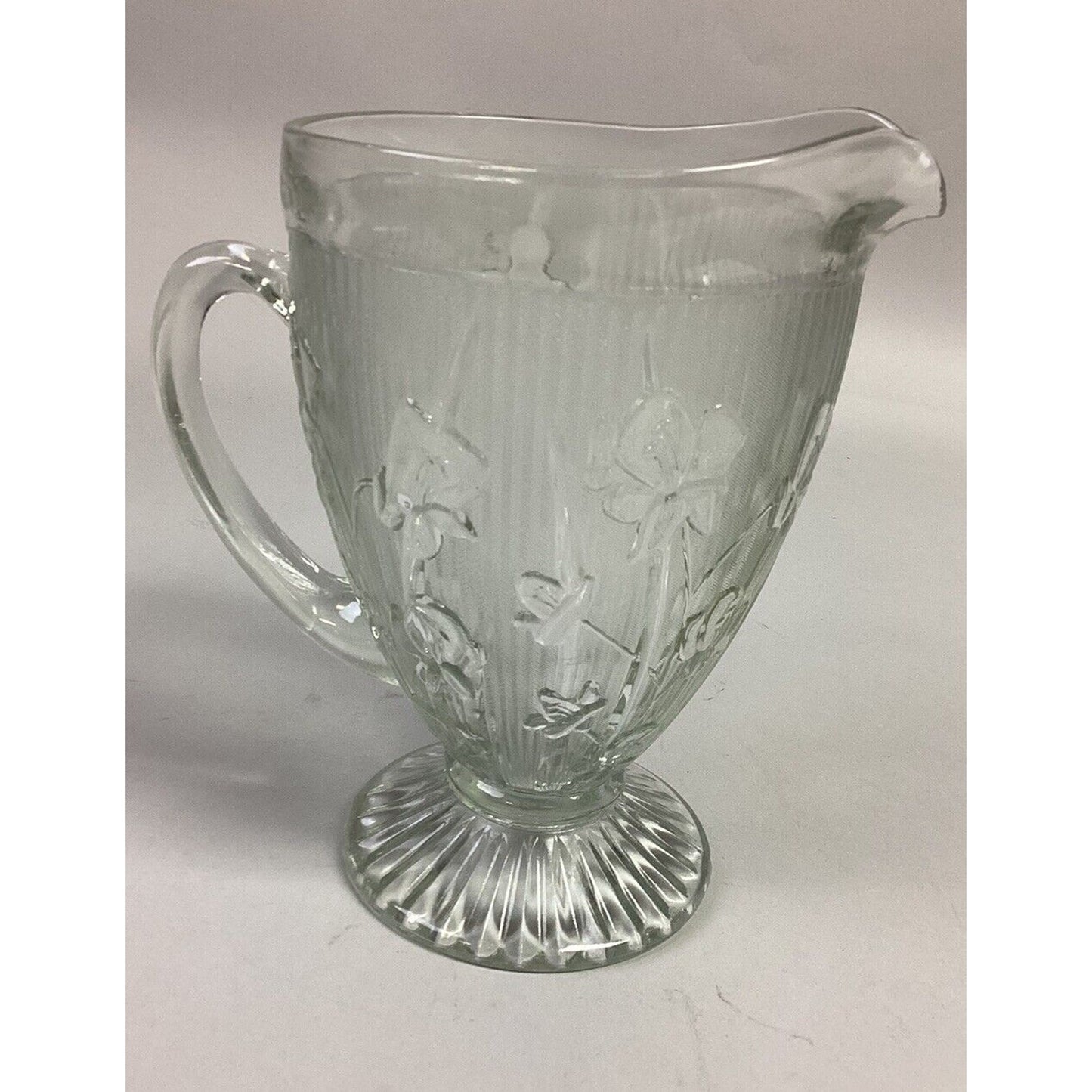 Vintage Crystal Iris & Herringbone 9" Footed Jeannette Pitcher - 1928-1932