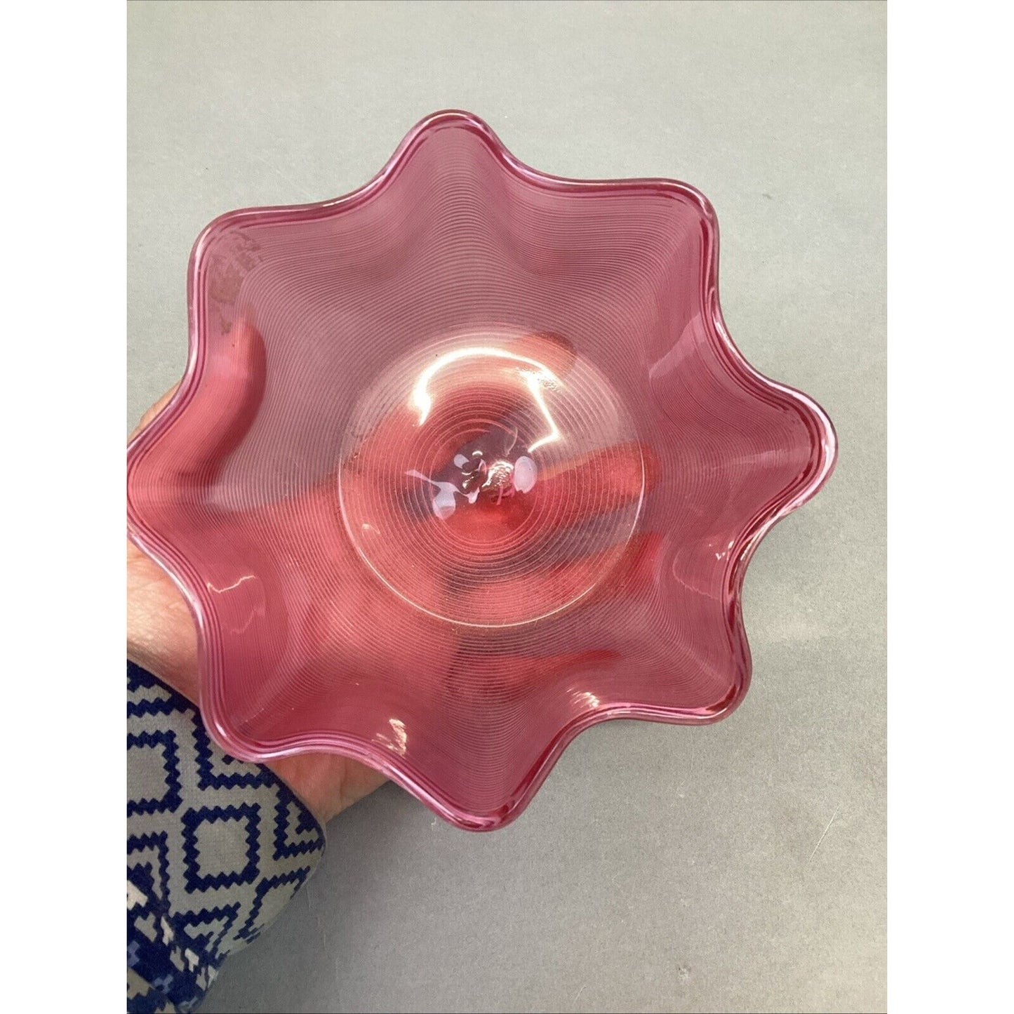 Antique Stephens & Williams Cranberry Glass Threaded Ribbed Finger Bowl - 5.5x3”