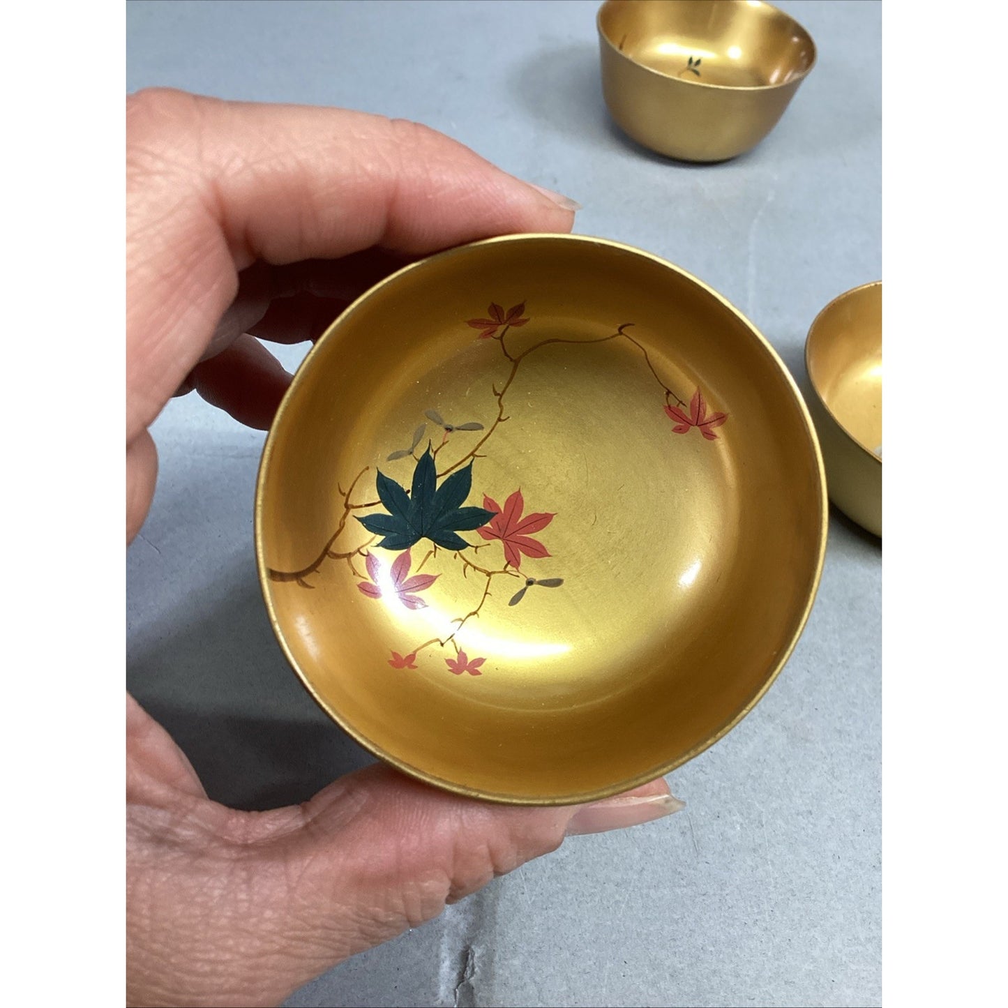 Set Of 6 Japanese Gold Floral Hand Painted Sake Cups
