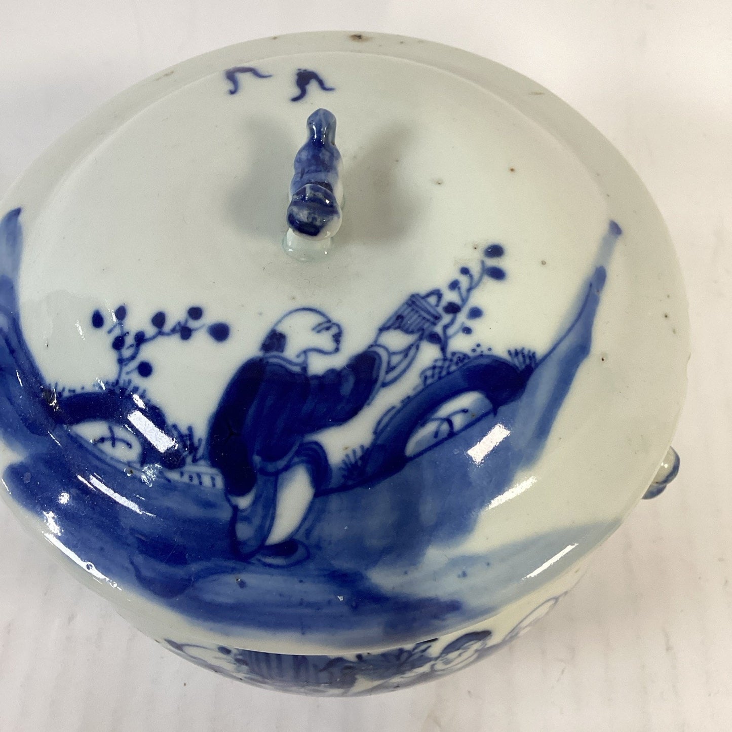 Antique 1851-1861 Chinese Blue And White Porcelain Kamcheng Covered Jar Qing Dyn