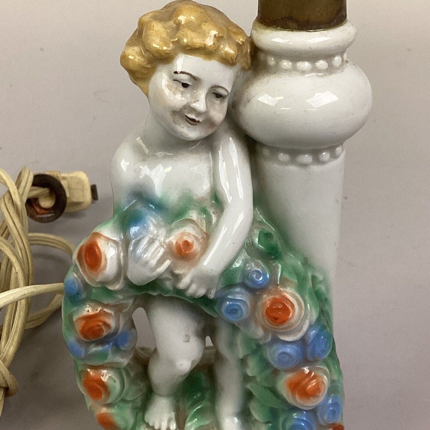 Ornate Vintage Porcelain Lamp - Child Holding Flowers - 9”