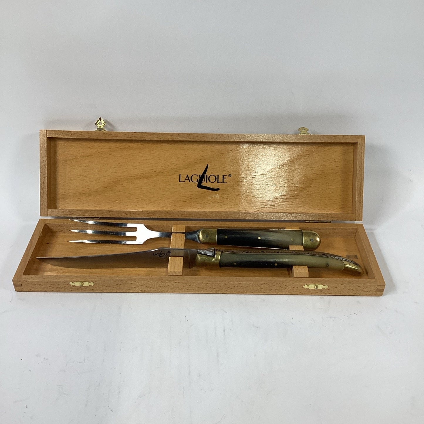 VTG Laguiole France Carving Knife & Fork Set- Natural Horn - Brass Handle W/ Box
