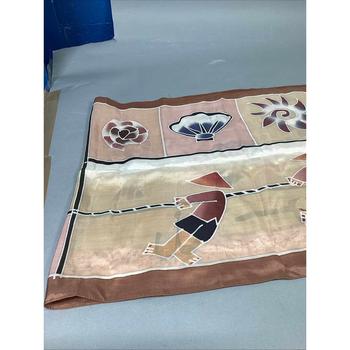 100% Silk Beach Themed Scarf W/ Shells, Fish And Fishermen - 60x16”
