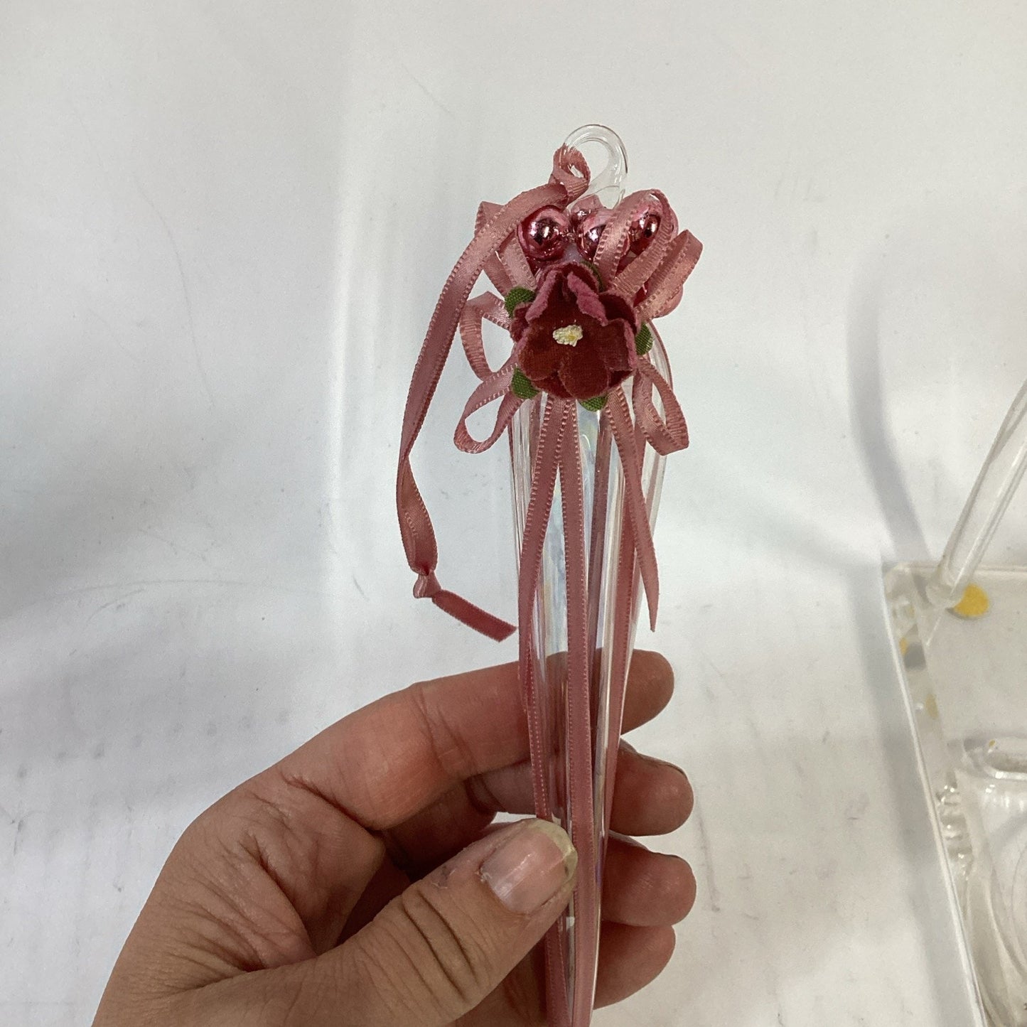 Lot of 2 Glass Christmas Ornaments - Heart With Roses And Icicle With Flower