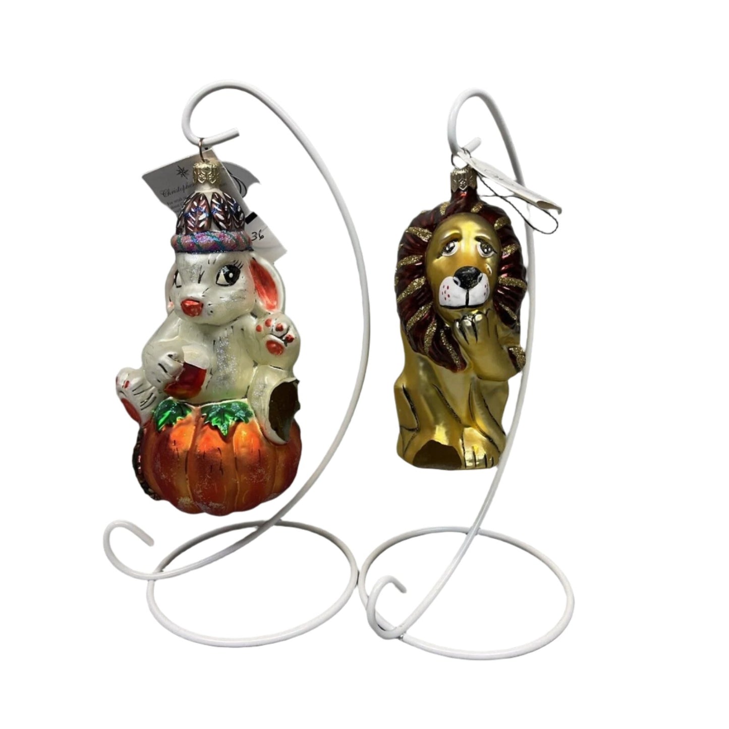 Radko Harvest Hare + Wizard Of Oz Lion Christmas Ornaments / Damaged