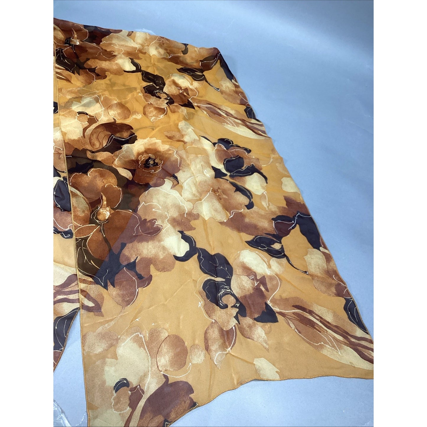 100% Silk Yellow Sheer Floral Scarf - 60x15”