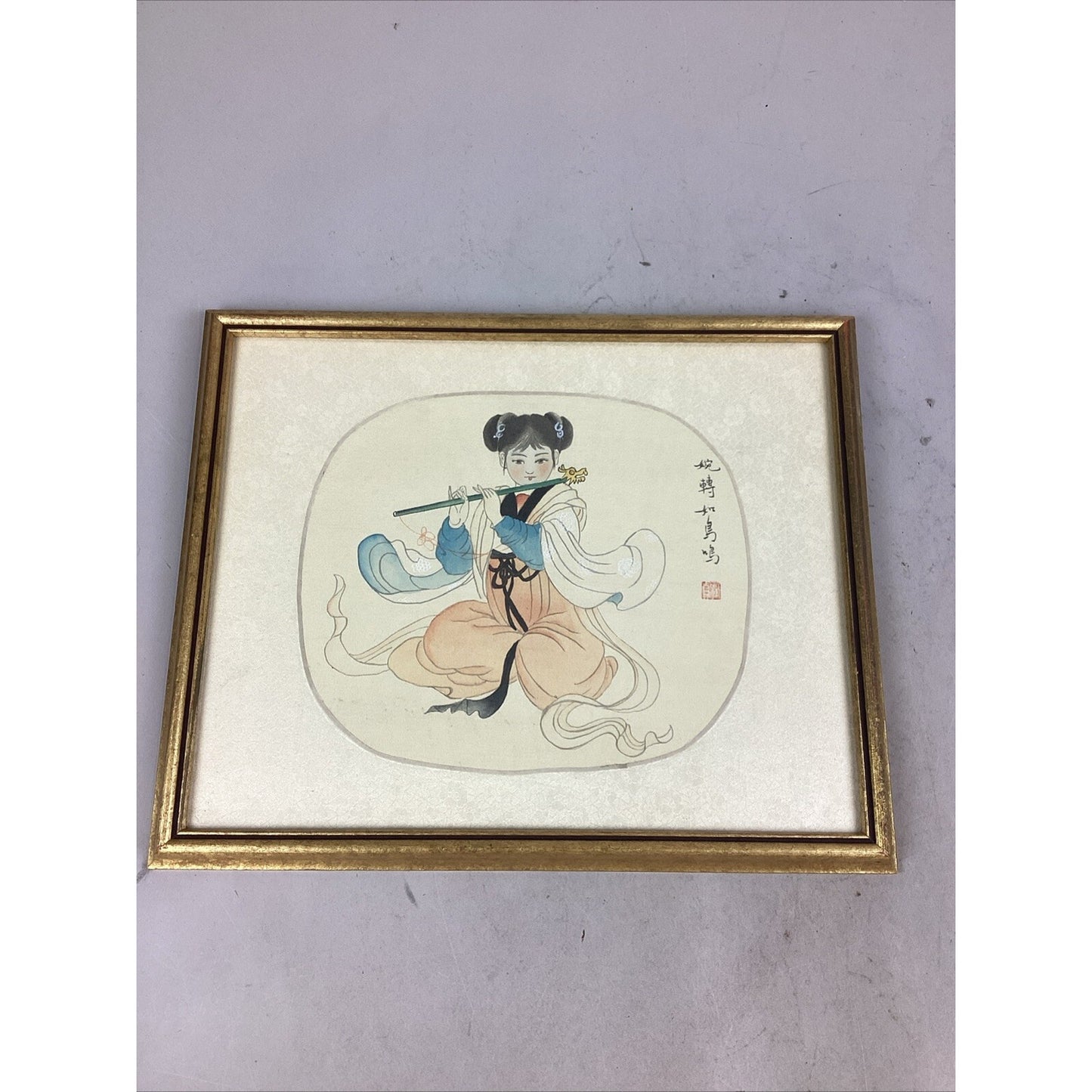 Antique Chinese Watercolor Painting On Silk - Girl Playing Flute