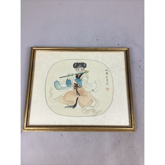 Antique Chinese Watercolor Painting On Silk - Girl Playing Flute