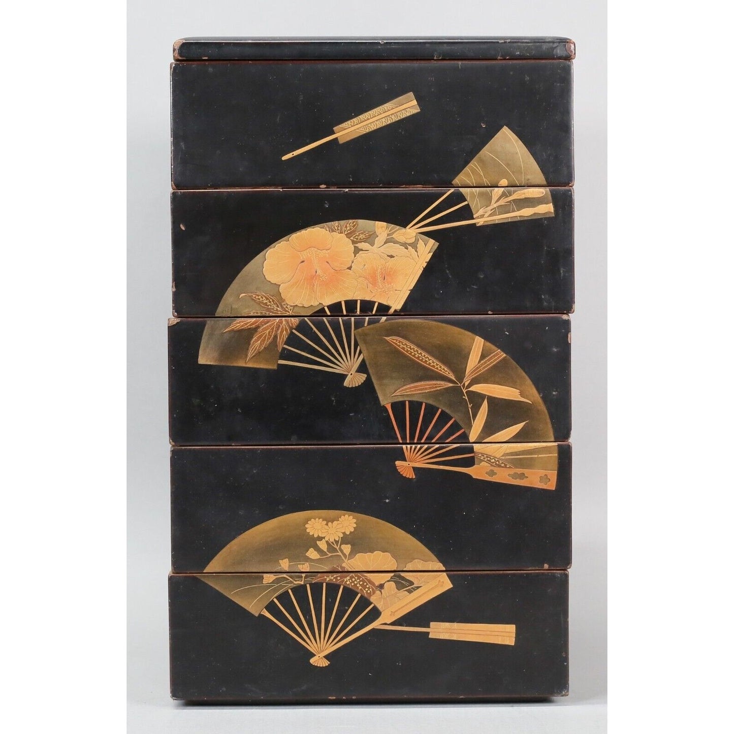 Japanese Meiji Style Lacquer Jubako Fan Motif