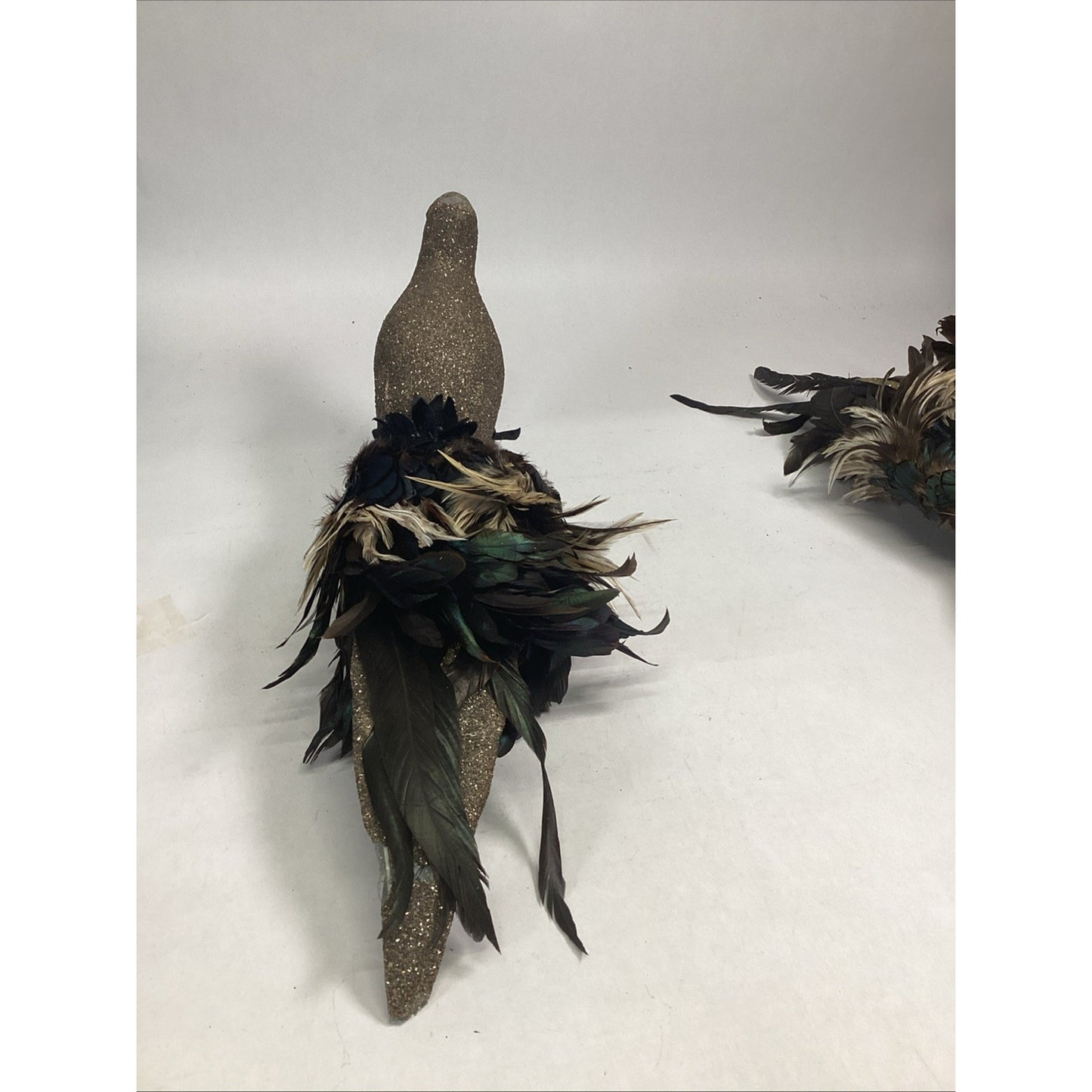 Goldbug Studio Set Of 2 Peacock Figurines W/ German Glass Glitter & Mica Flakes