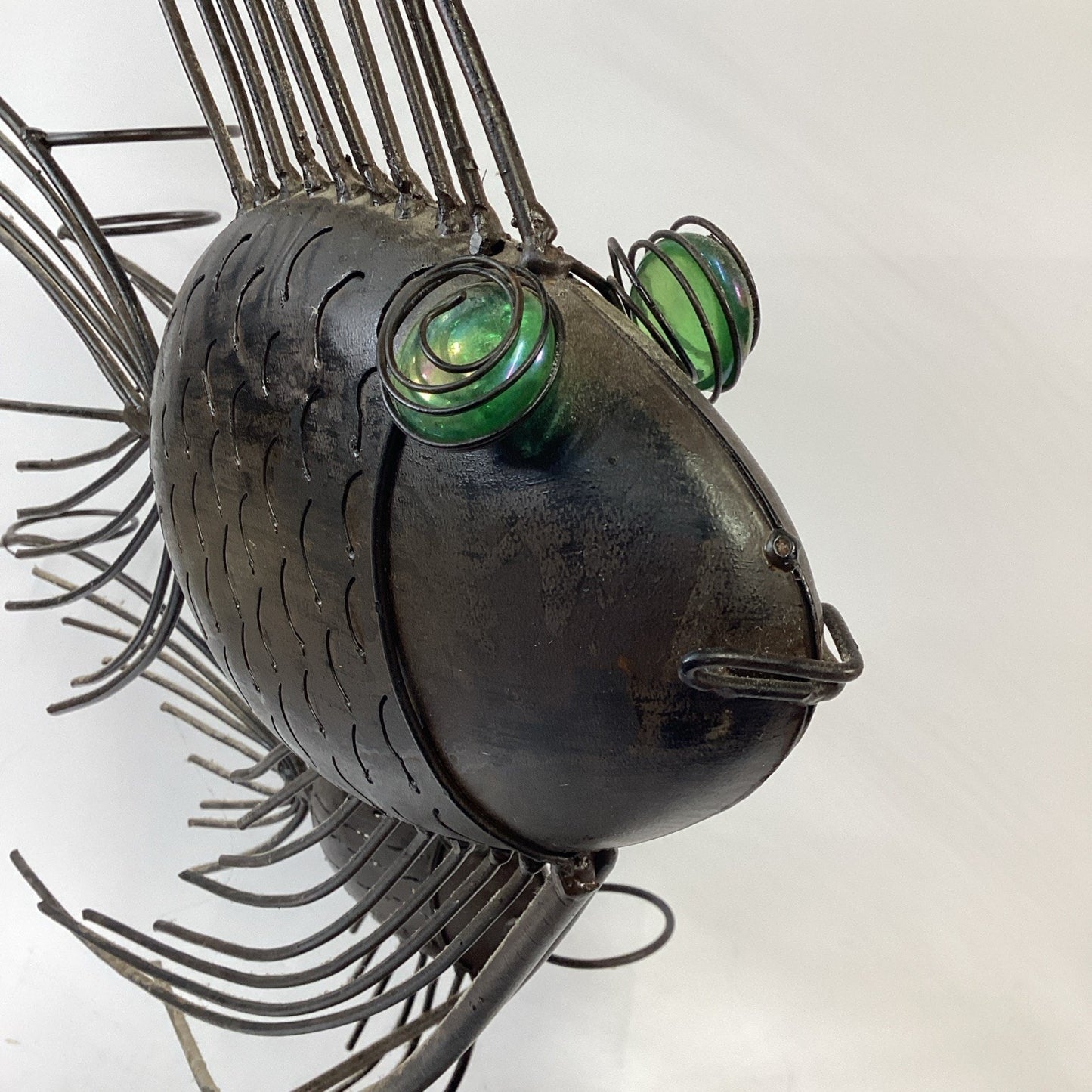 Vintage Large 27”H Steampunk Style Wire Metal Angelfish Sculpture W/ Green Eyes