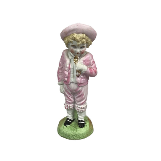 Antique Bisque Porcelain Hand Painted Boy In Pink Holding Spoon - 5.5”