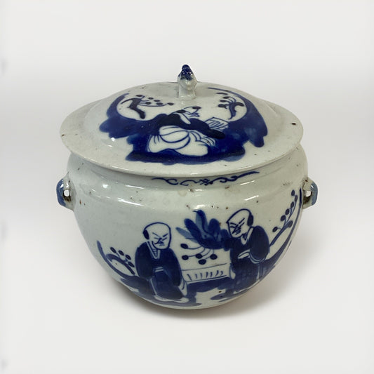 Antique 1851-1861 Chinese Blue And White Porcelain Kamcheng Covered Jar Qing Dyn
