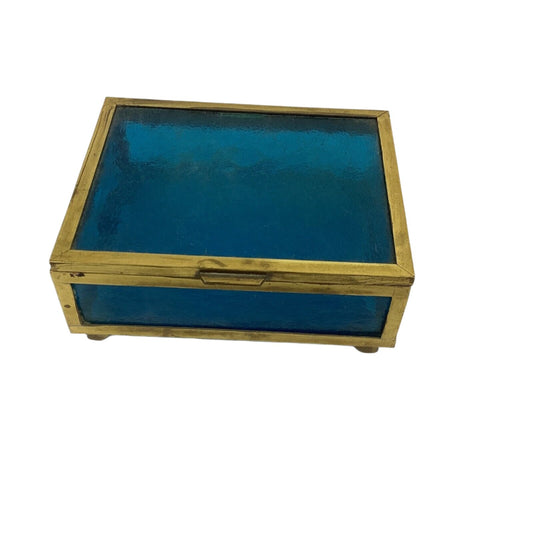 Vintage Blue Etched Glass With Gold Trim Jewelry Box Trinket Box