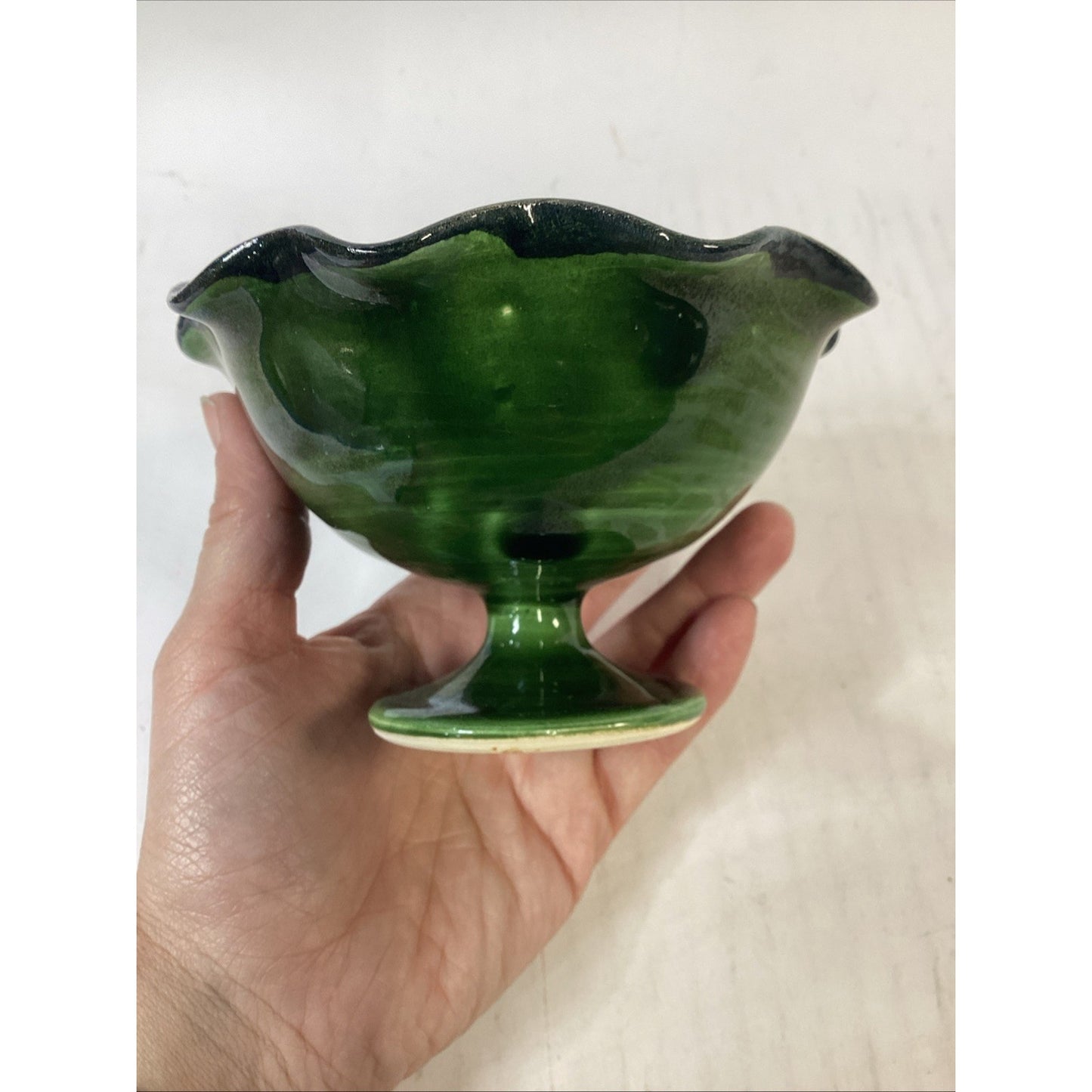 Vintage Hand Painted Dark Green Compote Candy Dish