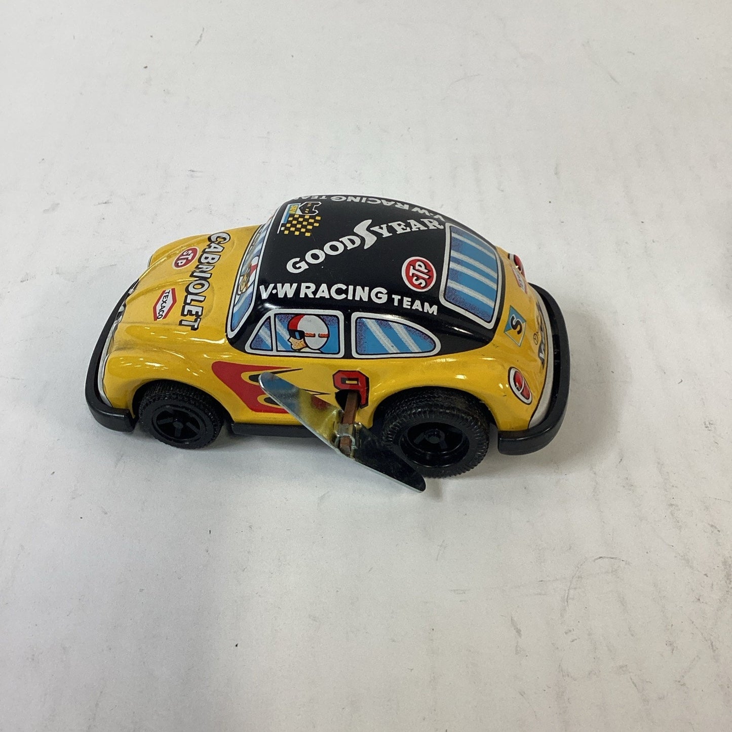 Vintage Lot of 2 Volkswagon Beetle Fire Chief/Racing Wind Up Tin Litho Japan