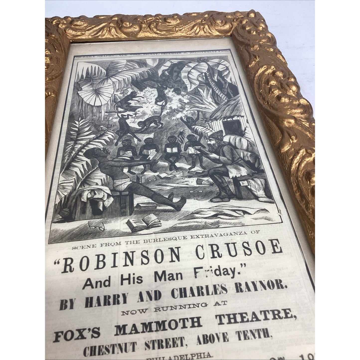 Framed Victorian Style Robinson Crusoe Theatre Poster W/ Ornate Gold Frame