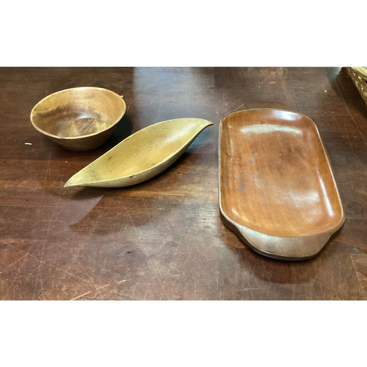 Set Of 3 Vintage Teak Wooden Bowl, Pea Pod Bowl & Serving Tray