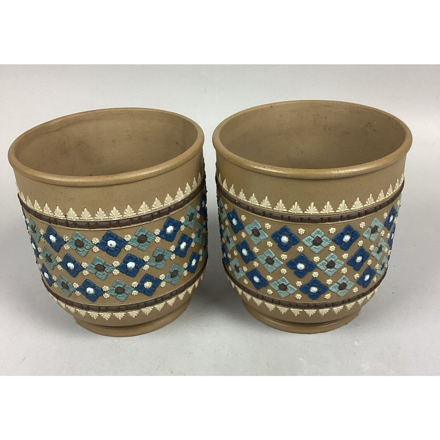 Set Of 2 Elegant Doulton Lambeth Stoneware Caches- 7”Hx6.5”D