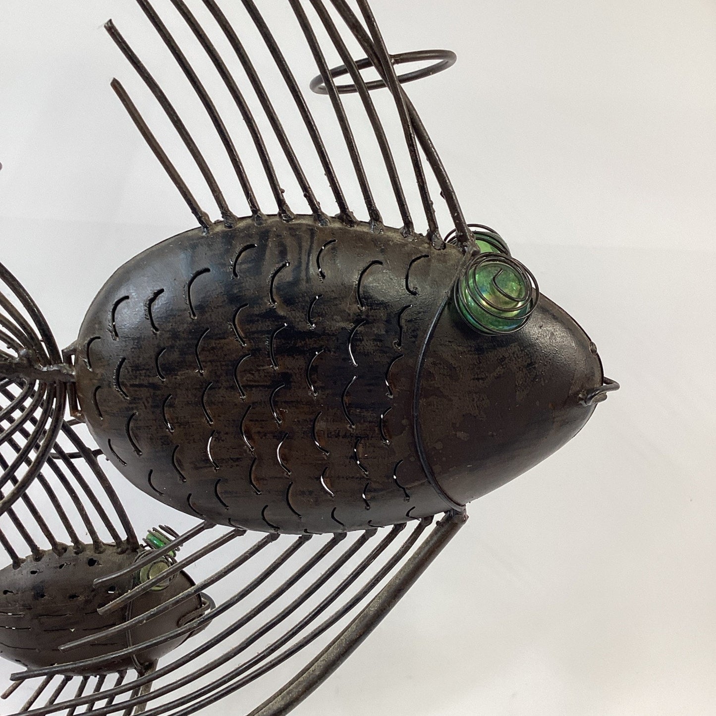 Vintage Large 27”H Steampunk Style Wire Metal Angelfish Sculpture W/ Green Eyes