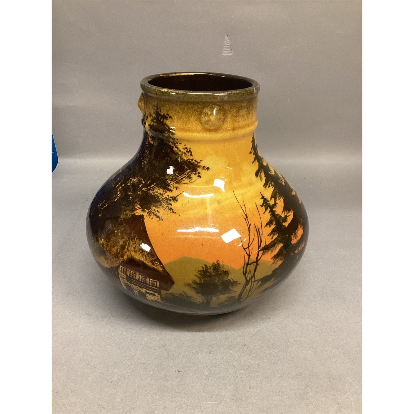 Vintage Majolica Vase Schramberg Landscape - Trees & House