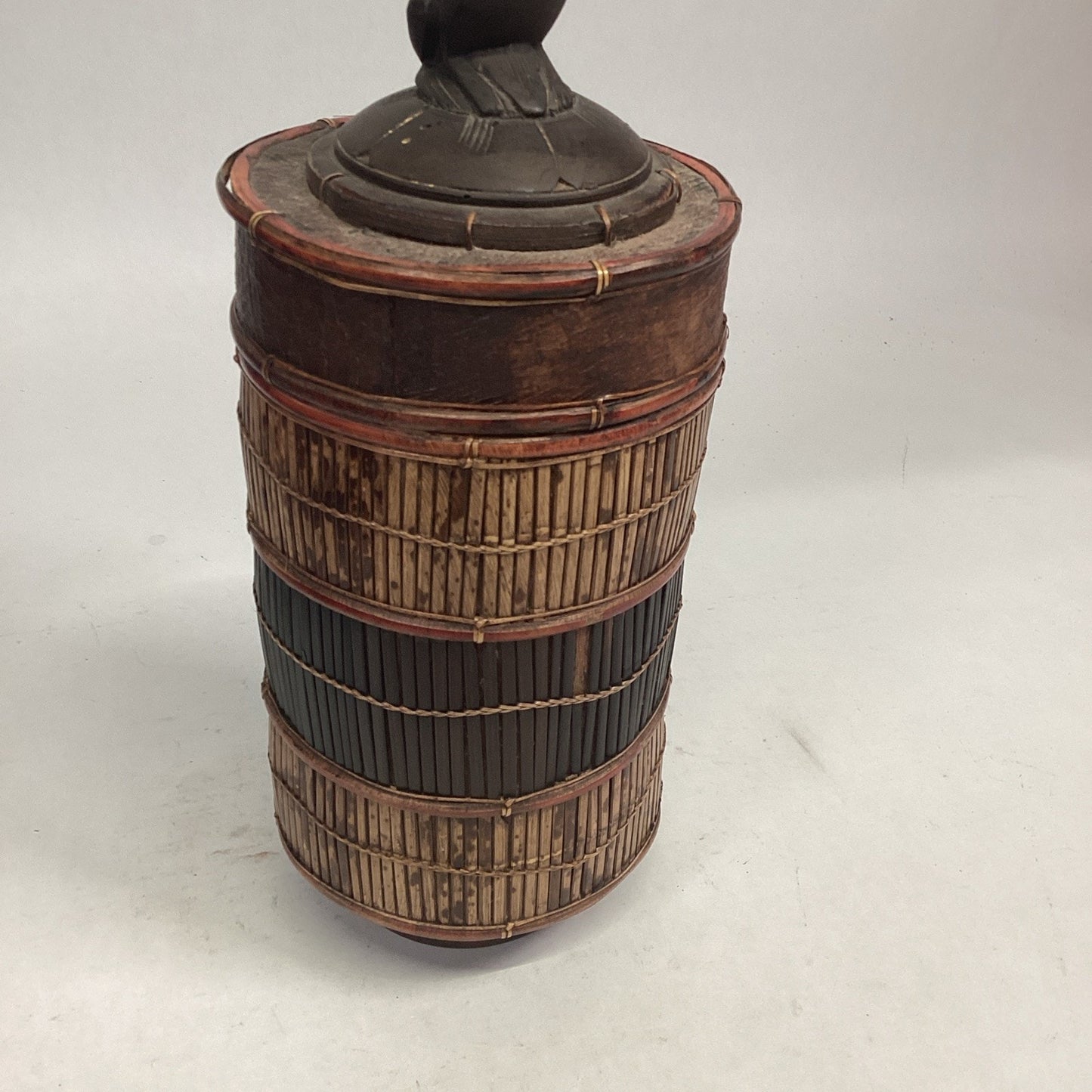 Indonesian / Balinese Handcrafted Bamboo Carved Frog Toad Container W/ Lid