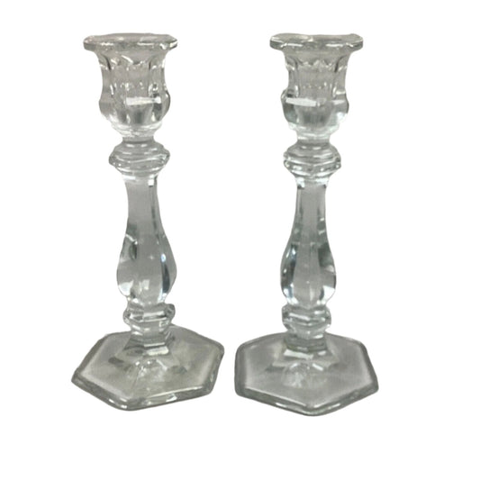 Set Of 2 Glass Candlestick Holders - 7.5”H