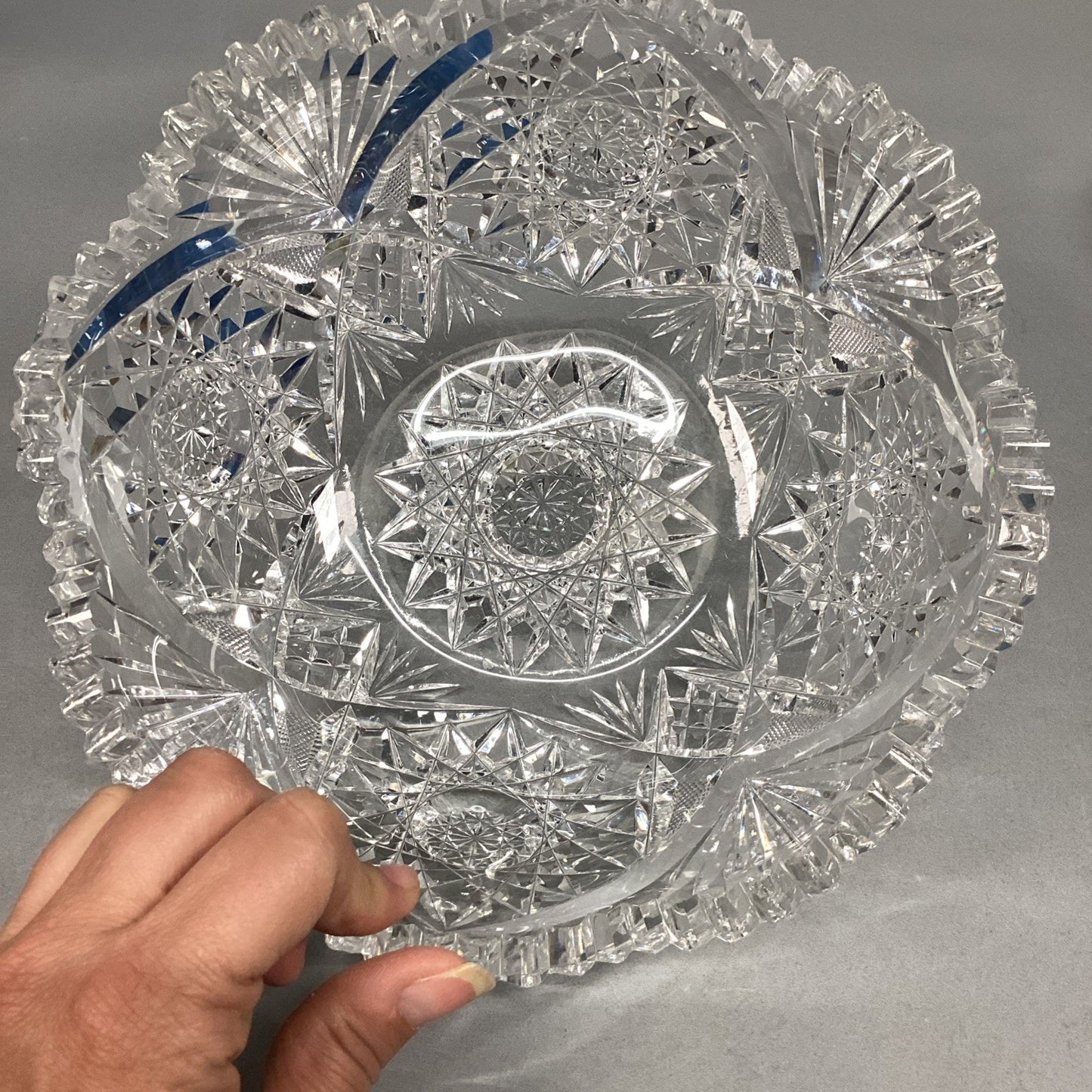 Set Of 2 Cut Glass Crystal Serving Bowls With Sawtooth Edging